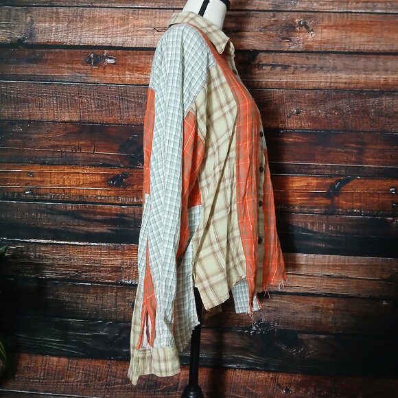 Easel Top S Patchwork Distressed Button Front Asymmetrical Fringe Plaid Shirt - Picture 6 of 9